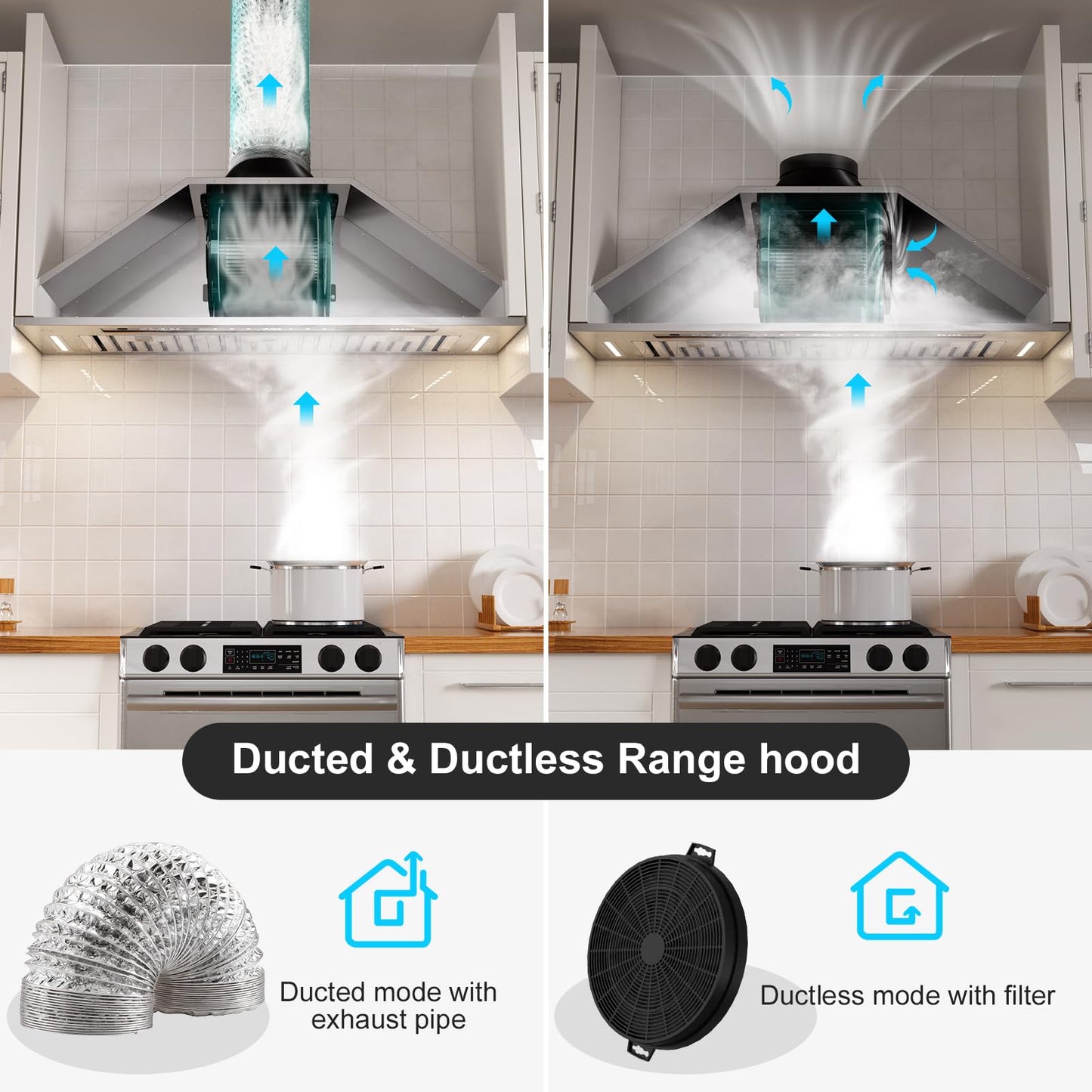 BRANO Range Hood Insert 36 Inch, 900 CFM Smart Voice/Gesture/Touch Control, 4 Speed Exhaust Fan, Stainless Steel Kitchen Hood with Charcoal Filter, Ducted/Ductless Convertible