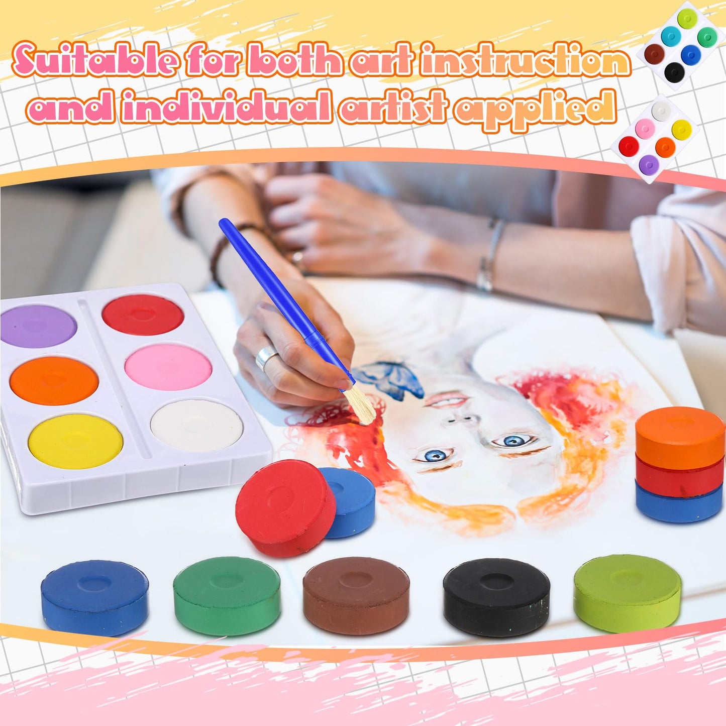 Nuanchu 12 Set 144 Pcs Tempera Paint Cakes with Tray 12 Colors 2.24 x 0.71 Inch Painting Cakes with Paintbrush Paints Blocks Art Supplies for Art Sessions Drawing Artists Beginners