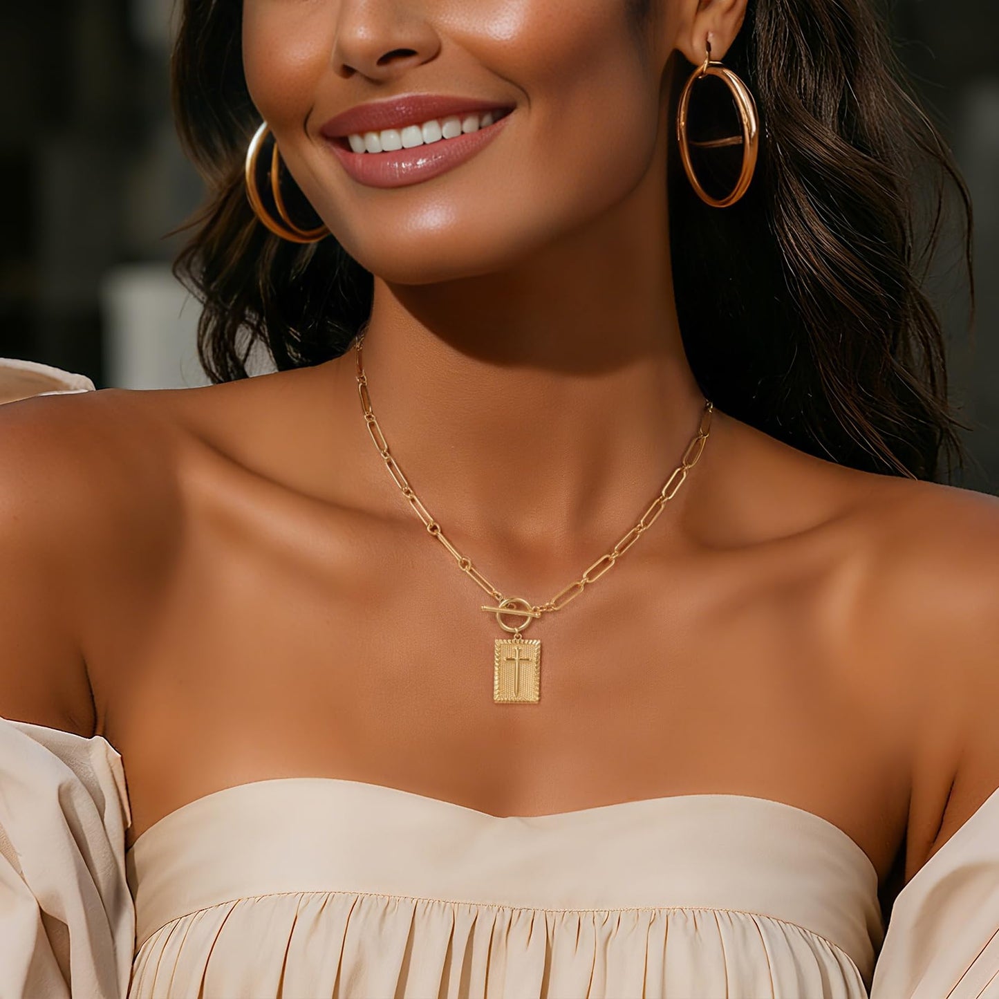 Hclian Gold Cross Pendant Necklace for Women 14K Gold Plated Paperclip Chain Choker with Toggle Clasp, Dainty Religious Statement Jewelry