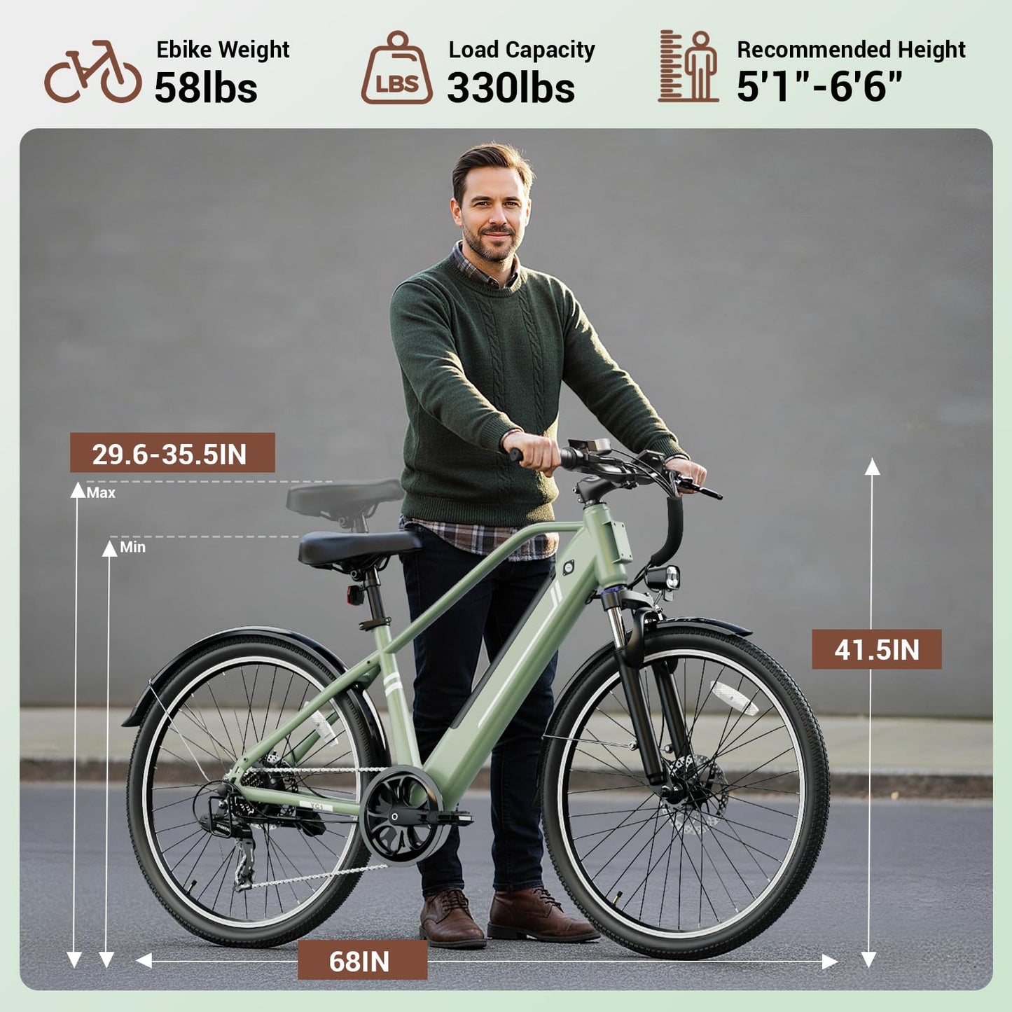 Electric Bike for Adults, Ebike 1000W Peak Motor, 25MPH Commuter Ebike, Up to 40 Miles Range, 26" Electric Bicycle for Adults with 375WH Removable Battery, All-Terrain E-Bike for Leisure(Green)