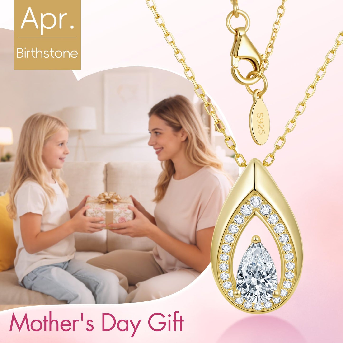 Kstyle 14k Gold Diamond April Birthstone Pendant Necklaces for Women Valentine's Day Birthday Gift Anniversary Jewelry for Wife Daughter Grandma Mom Sister Non Tarnish