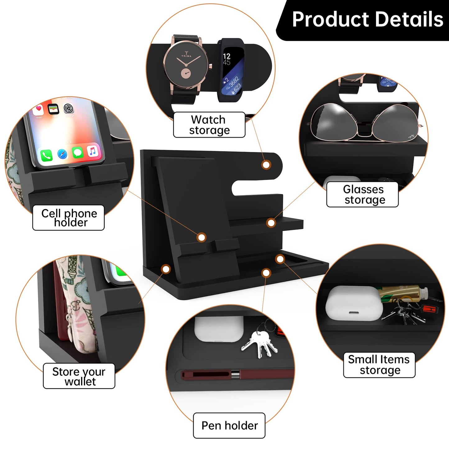 Iswabard Gifts for Men Wood Phone Docking Station Birthday Gift for Men Valentines Day Gifts Father Gift for Him Boyfriend Nightstand Organizer Desktop Phone Stand Black