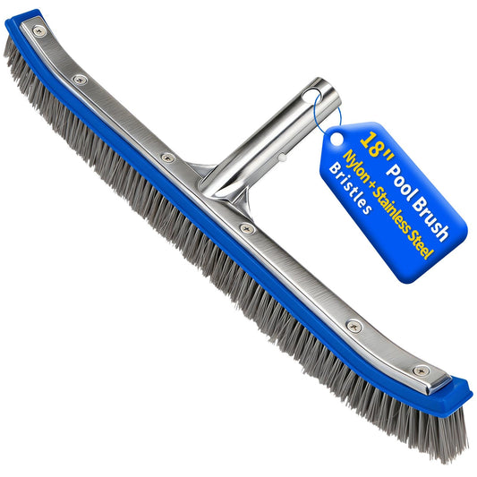 18" Wide Pool Brush Head - Combo Nylon & Stainless Steel Wire Bristles, Heavy Duty Metal Pool Brush for Extra Scrubbing Power, Curved Edge for Cleaning Inground Pool Tiles, Concrete, Walls, Corners