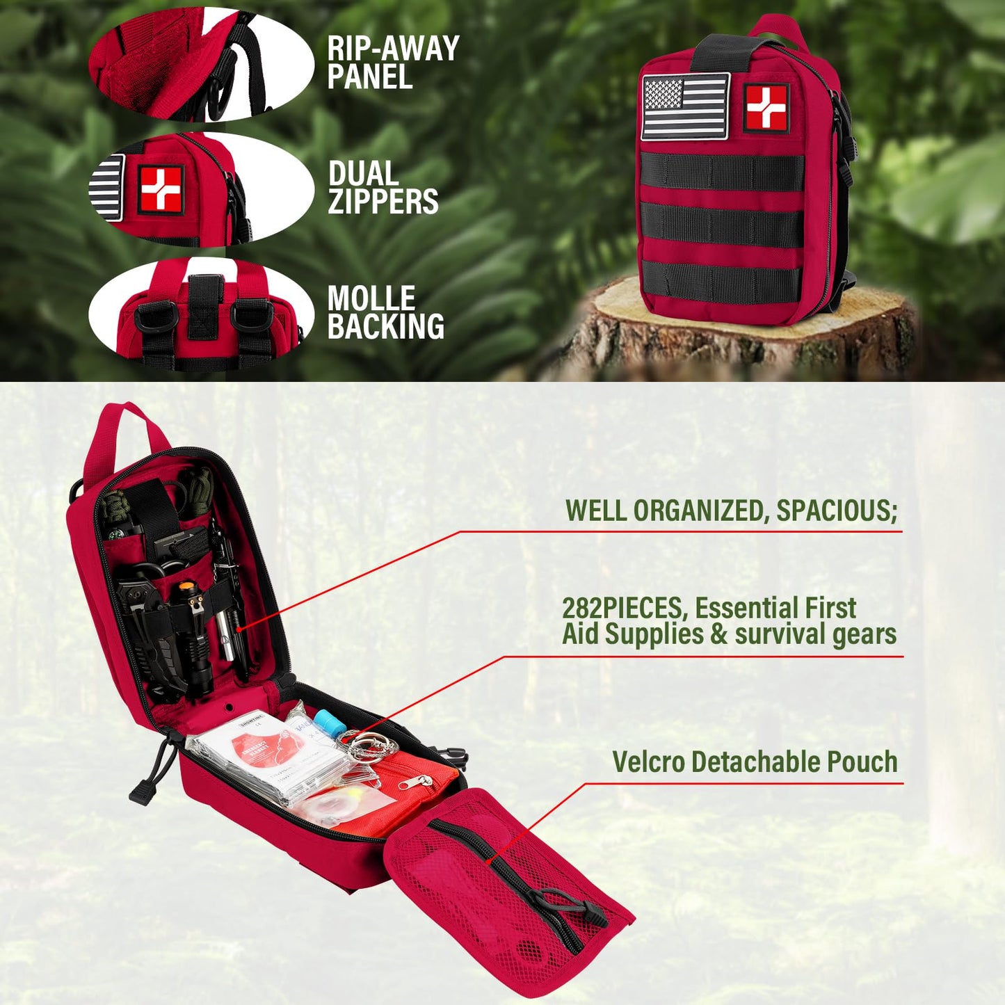 Survival First Aid Kit, Molle Medical Pouch 282PCS Outdoor Emergency Survival Gear and Equipment for Hiking Camping Hunting Car Boat Home Travel and Adventures, for Him Men