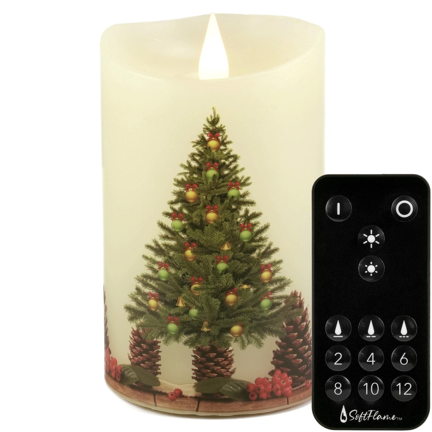 Softflame Christmas Flameless Candles with Remote Control, 3"x 5""Battery Operated Flickering 3D Wick Real Wax Pillar Christmas Tree Candle"