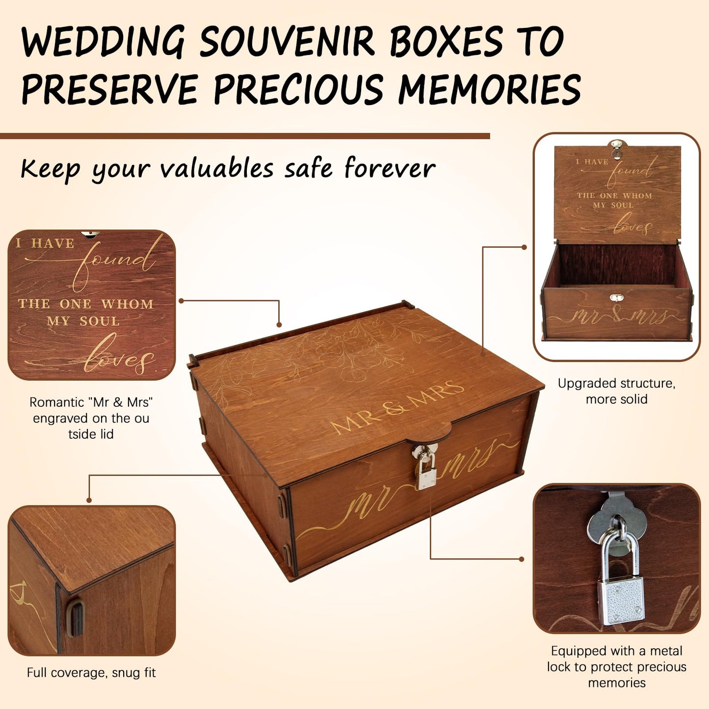 AerWo Mr and Mrs Wedding Keepsake Box, Large Wooden Storage Box with Lid and Lock, Assembled Keepsake Memory Box for Anniversary Engagement Gift, Wedding Memory Box for Couples Newly Engaged