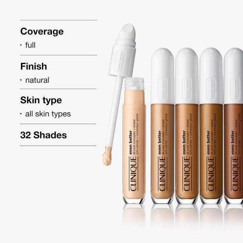 Clinique Even Better All-Over Full Coverage Concealer + Eraser Makeup For Dark Undereye Circles | With Hyaluronic Acid + Caffeine | Hydrating, Brightening + Depuffing, Porcelain Beige, 0.2 Fl Oz