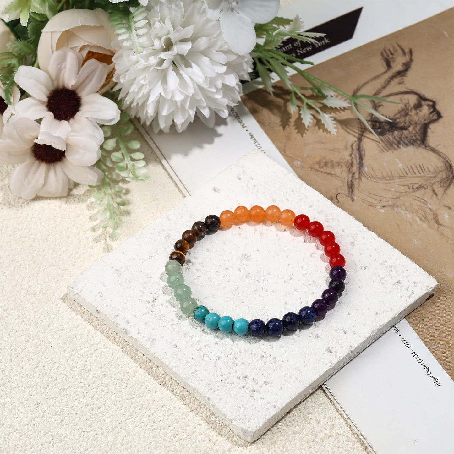 6mm Seven Chakra Stones - Stone of Balance Energy - Handmade Yoga Stretch Elastic Bracelet Natural Healing Gemstone Stress Relief Crystal Jewelry Power Energy Gifts for Men and Women