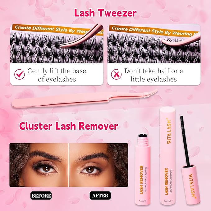 RITALASH Lash Extension Kit DIY Lash Clusters Kit 400pcs Cluster Lashes Individual Lashes Eyelash Extension Kit with Lash Bond and Seal,Lash Remover,Lash Tweezers(10D+30D Cluster Kit,8-16mm)