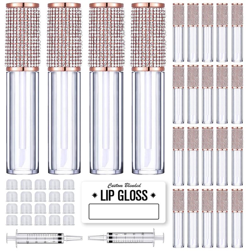 AMORIX 24 Pack Crystal Rhinestone Lip Gloss Tubes with Wand 5ml Empty Containers + Syringes + Labels