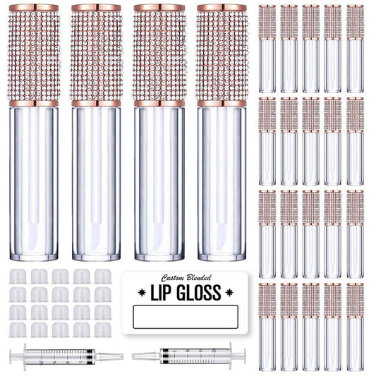 AMORIX 24 Pack Crystal Rhinestone Lip Gloss Tubes with Wand 5ml Empty Containers + Syringes + Labels