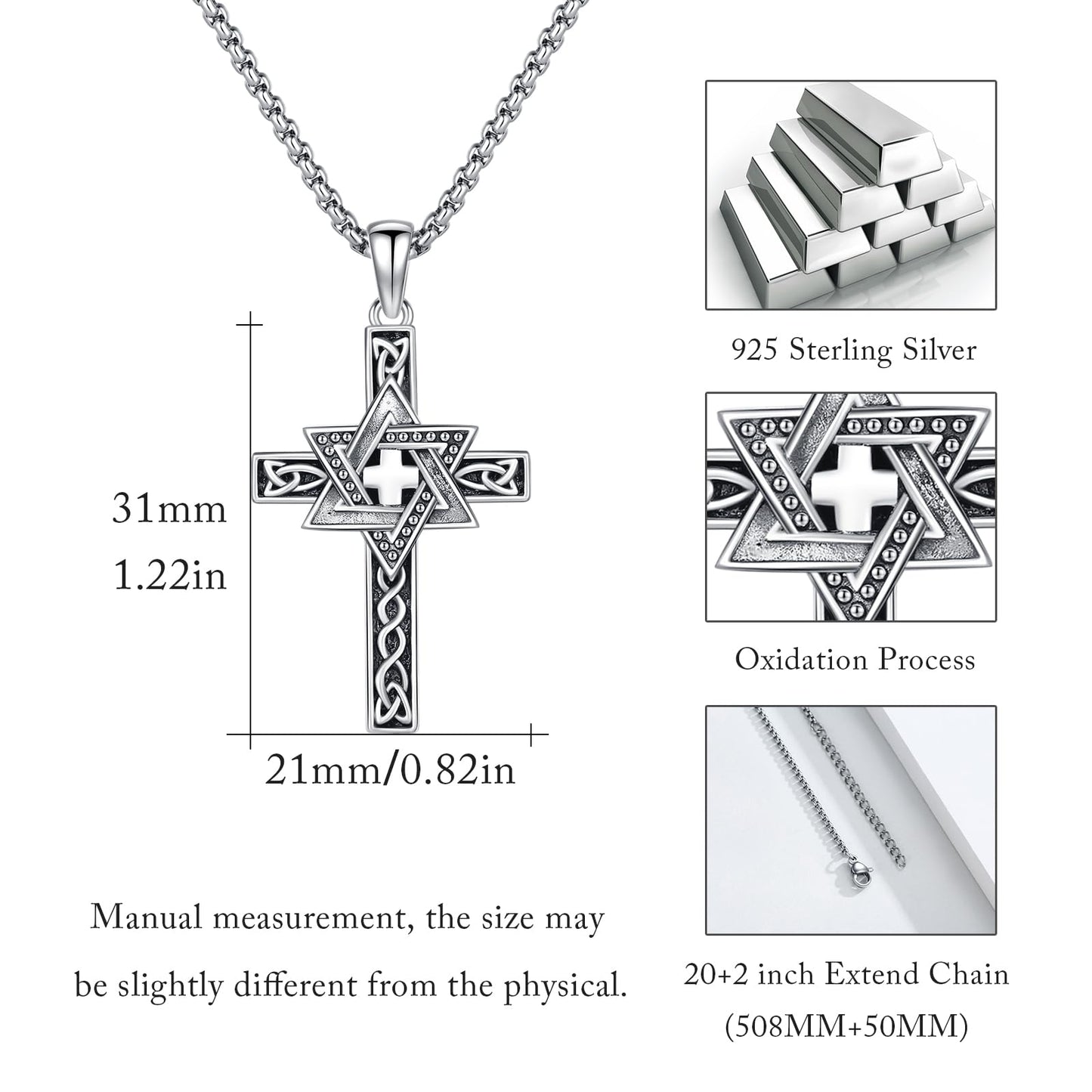 YEESIA Star of David Necklace 925 Sterling Silver Celtic Cross Necklace Jewish Star Cross Pendant Necklaces Celtic Star of David Star Jewelry Valentines Day Gifts for Men Women