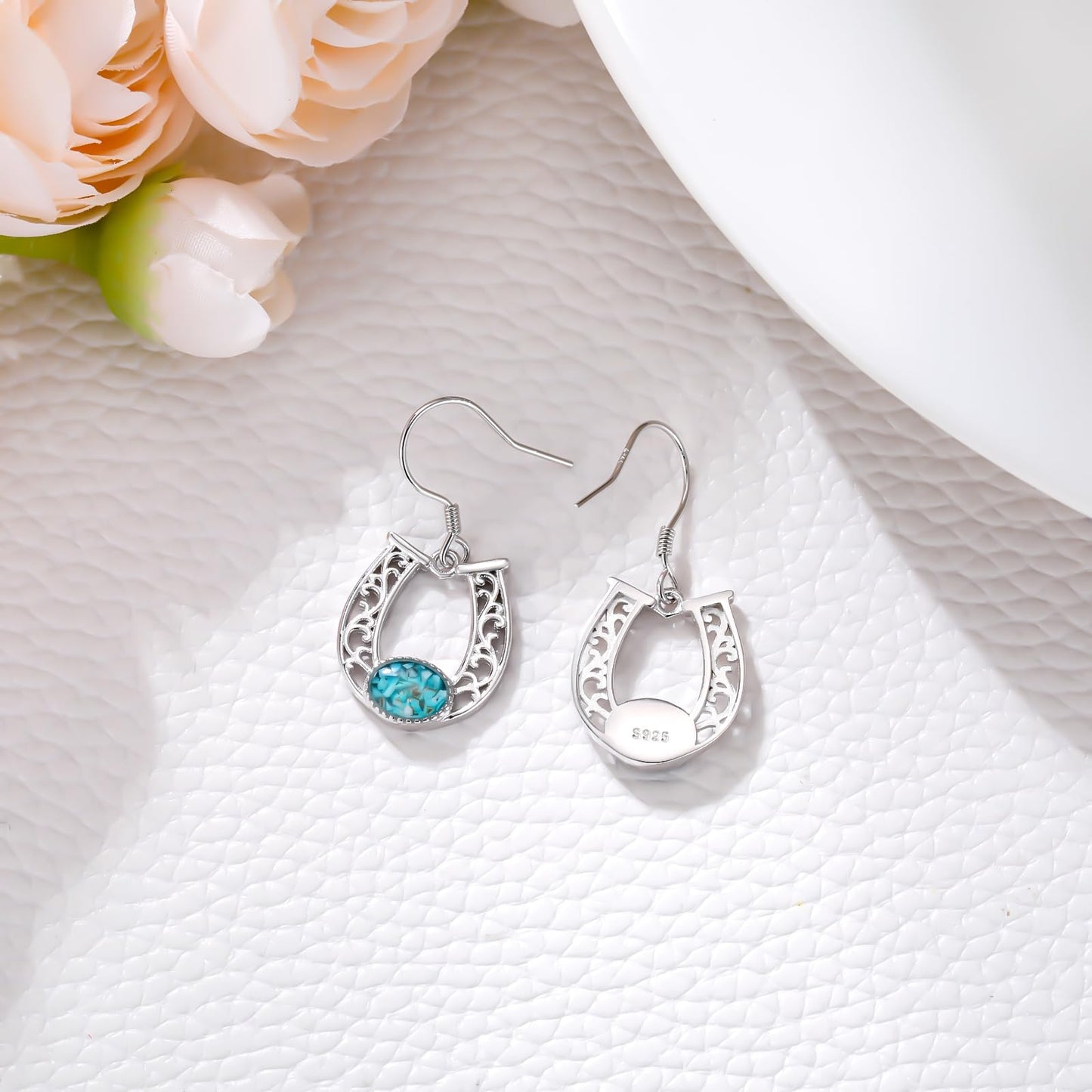 KoyeKei Horseshoe Earrings Gifts for Mom 925 Sterling Silver Turquoise Horseshoe Dangle Drop Earrings Western Country Jewelry Horse Graduation Gifts for Women Her
