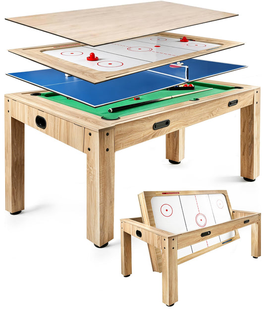 7FT 4-in-1 Multi Game Table with Pool Table Air Hockey Ping Pong, Convertible Pool Dining Table & Desktop with Locked Wheels, Complete Accessories Table Combo for Home, Game Room and Family Daily Use