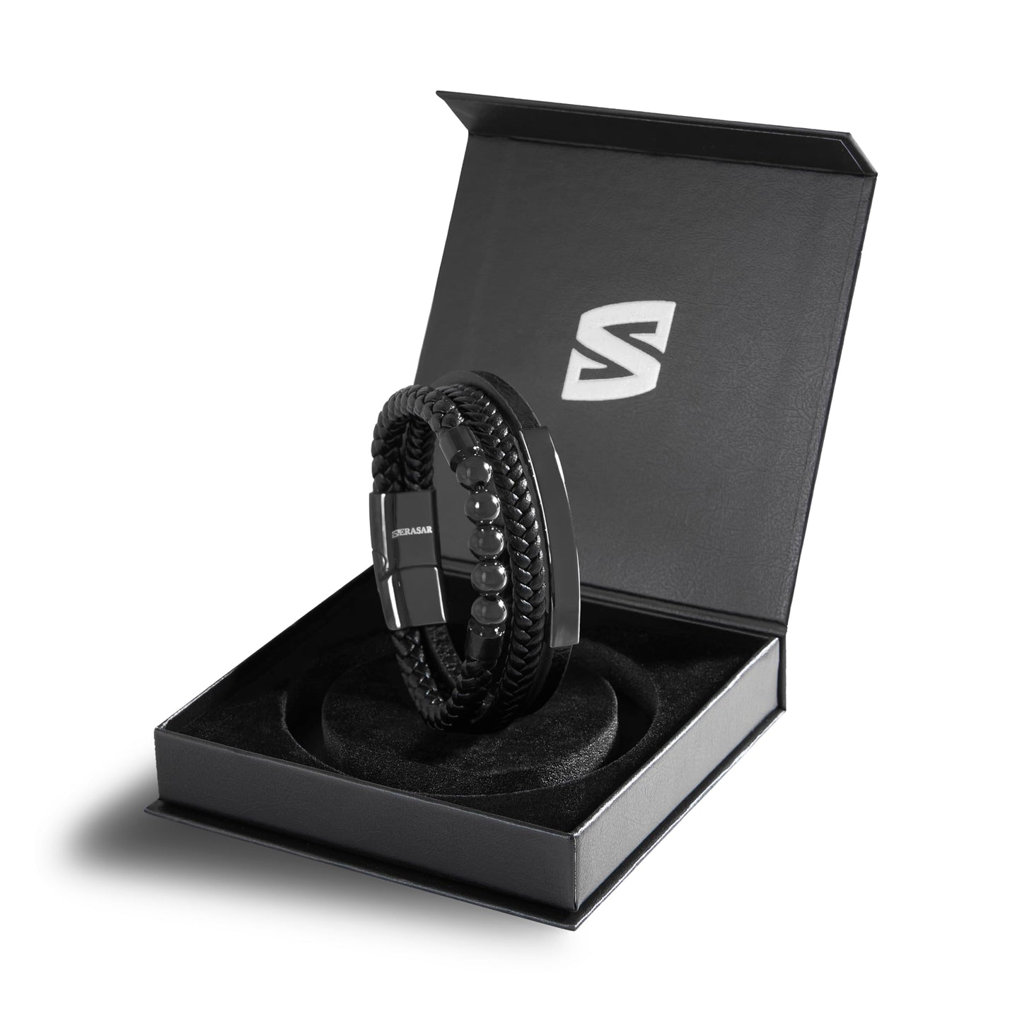 SERASAR Pulsera de Cuero Negro para Hombre, 17cm, Caja Regalo, Real, Piel Vaca, Ajustable, Cierre Magnético, Cuerda Envoltura, Masculino, Pulseras, Banda, Joyas, Imán