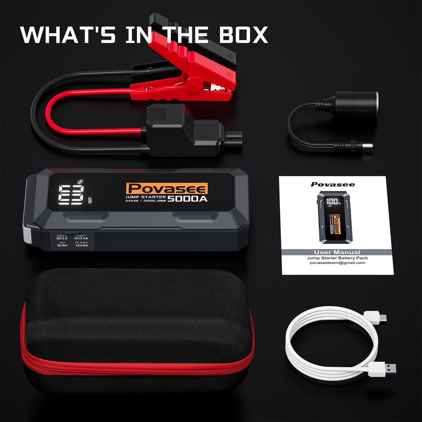 5000A Jump Starter | Povasee A40 Car Battery Jump Starter, 12V Portable Power Pack for All Gas & 10L Diesel Engines, with 3" LCD Display, Dual USB Output & Multi-Mode LED Light