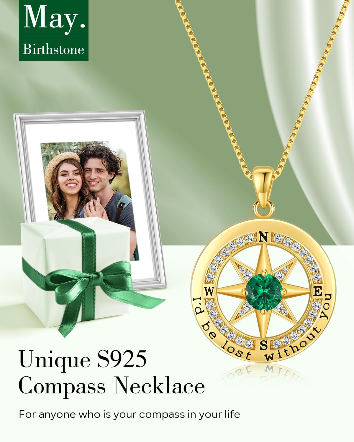 S925 Necklace Gift for Wife |Compass Jewelry |Women Anniversary |Sterling Silver |Girlfriend Birthday Necklaces for Her Valentines |I'd be Lost without You |Jewel 18K Gold May 05