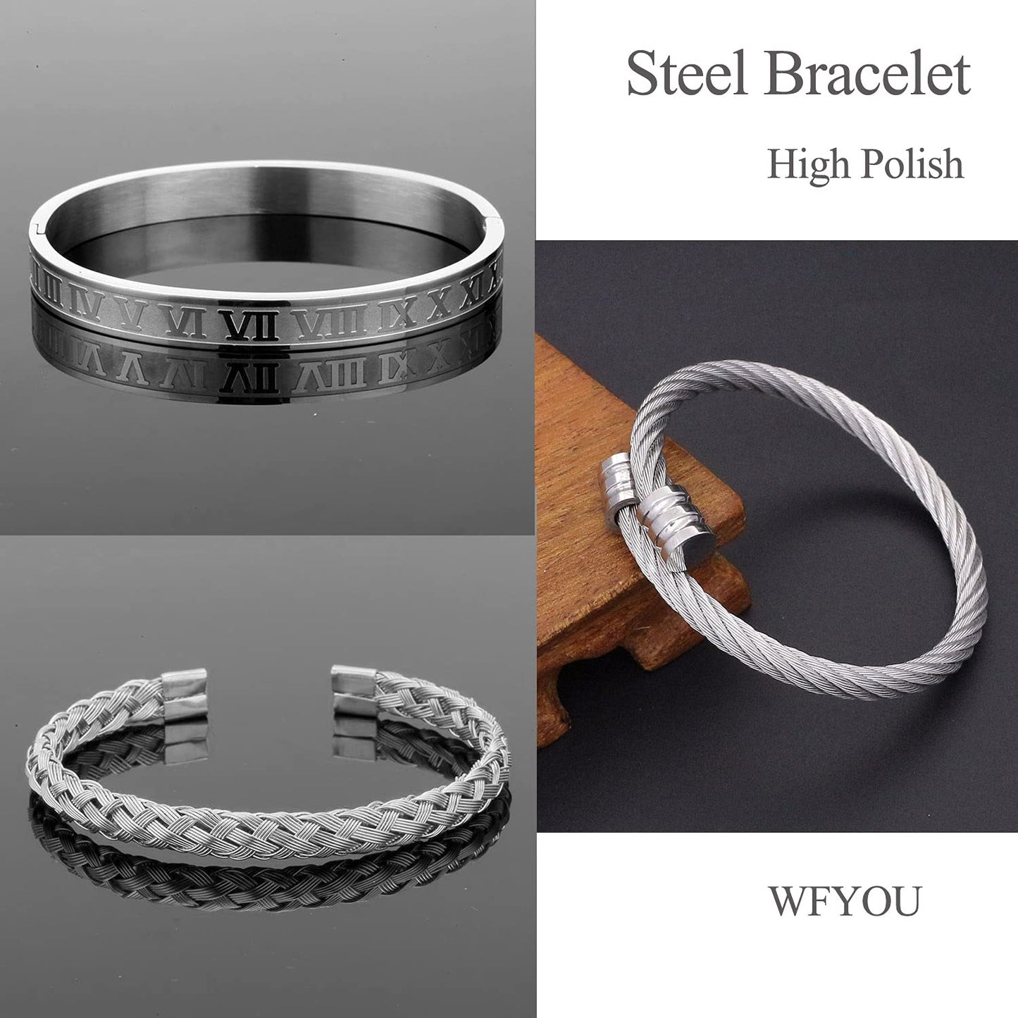 WFYOU 3PCS Stainless Steel Bracelets for Men - Gold Roman Numeral & Adjustable Cuff Bracelets - Luxury Mens Jewelry Gifts, 2.5 inch, Metal, stainless-steel
