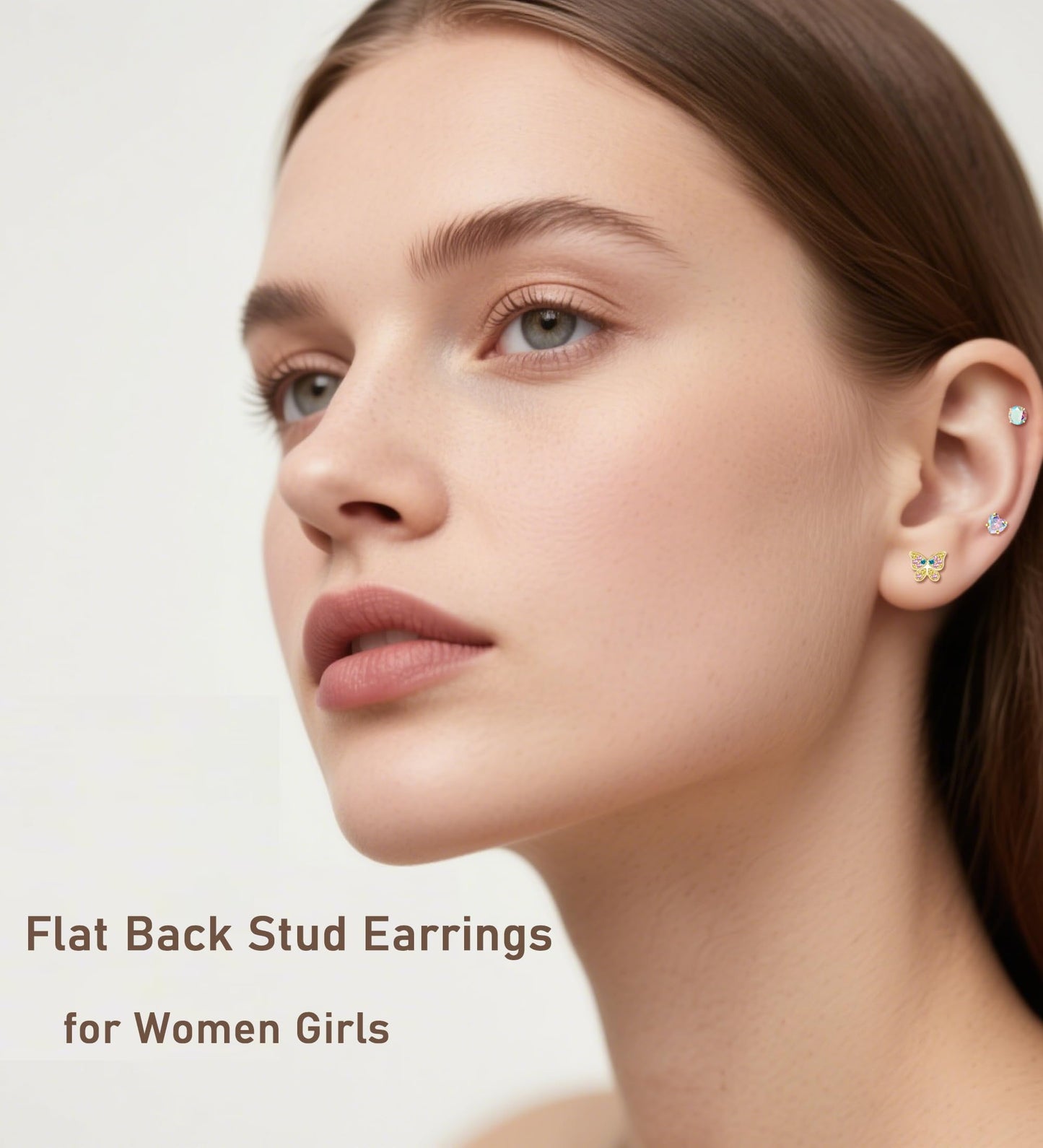 EQFE 4Pairs Hypoallergenic Earrings for Women14K Gold Flat Back Earrings 20G Screw Back Cartilage Earring for Sensitive Skin CZ Heart Butterfly 316L Stainless Steel Stud Earrings
