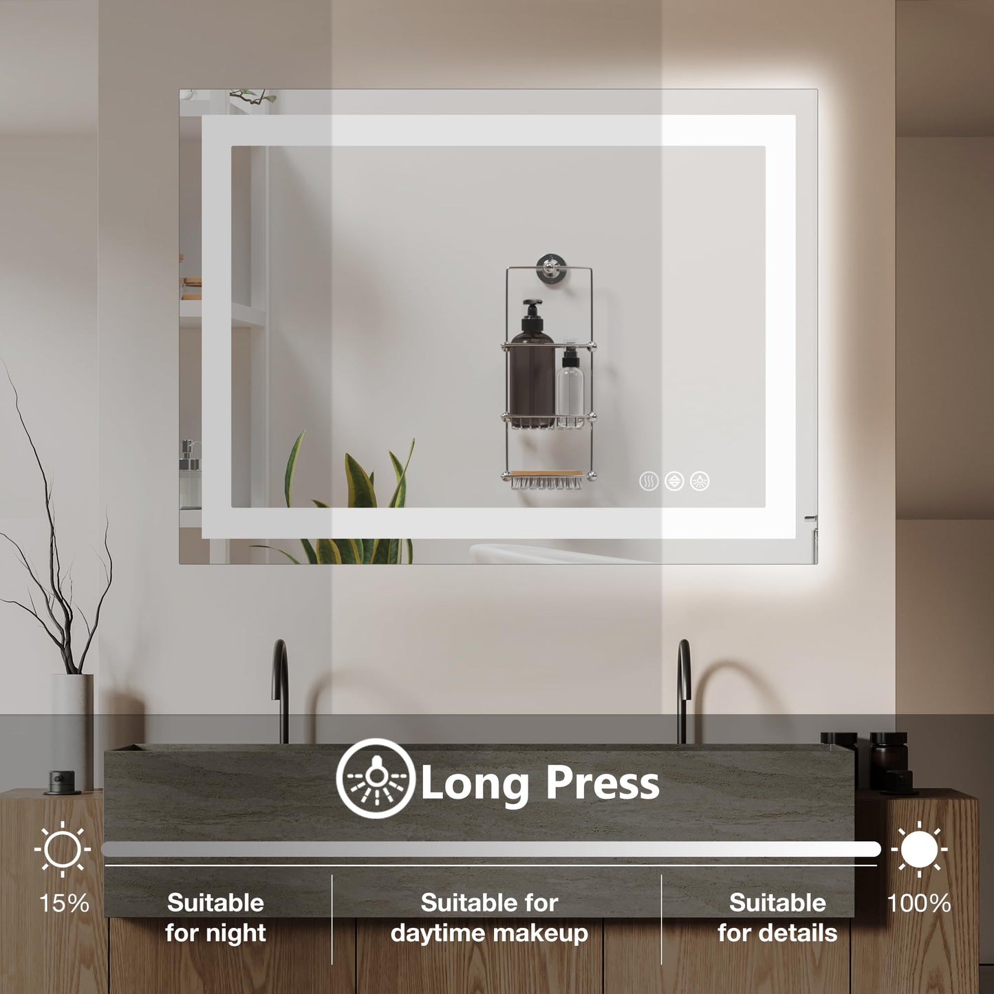 NEWBULIG Smart Anti-Fog LED Bathroom Mirror with Front Light & Backlit, 3 Color Modes, Dimmable, Memory Function, Wall-Mounted Modern Rectangular Vanity Mirror, White, 32"x40"