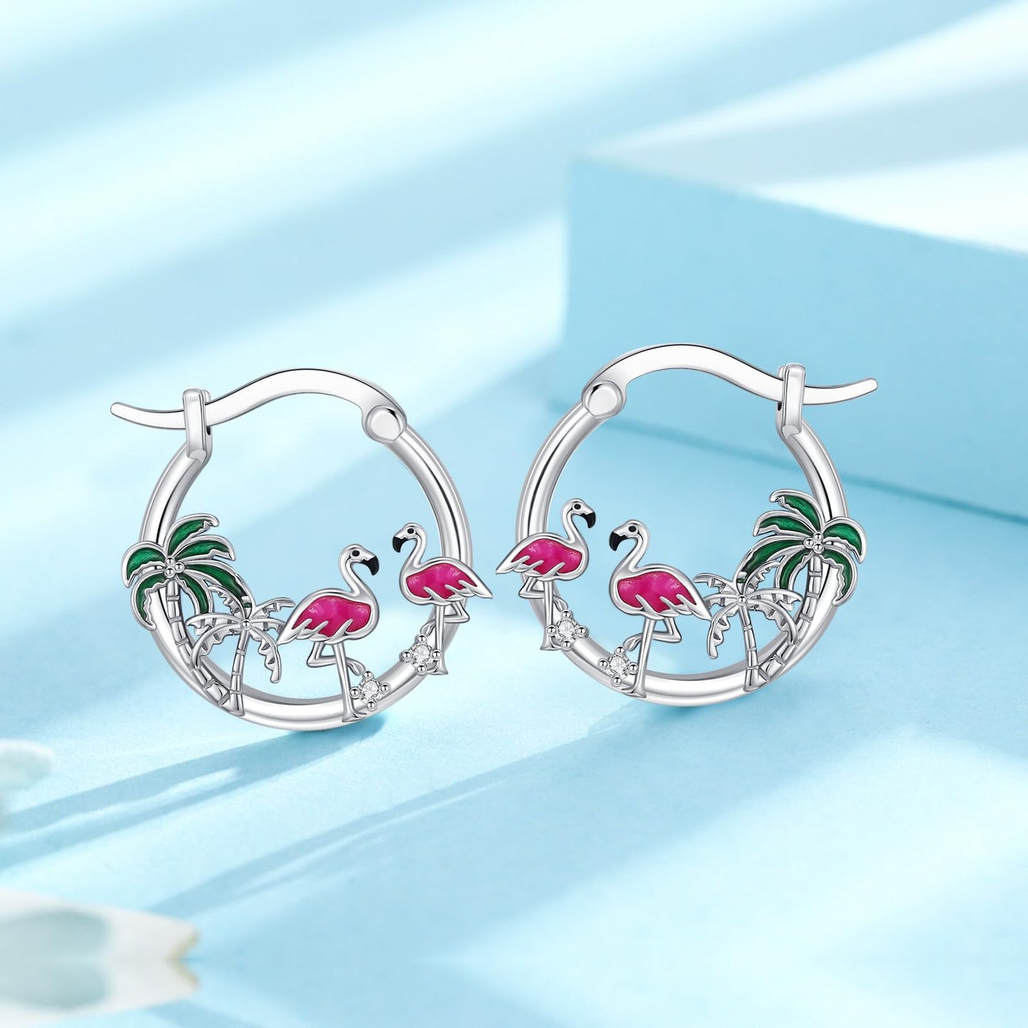 Flamingo Earrings 925 Sterling Silver 2 Pink Bird Hoop Earrings Palm Tree Hawaiian Jewelry Graduation Gifts for Women Daughter Her
