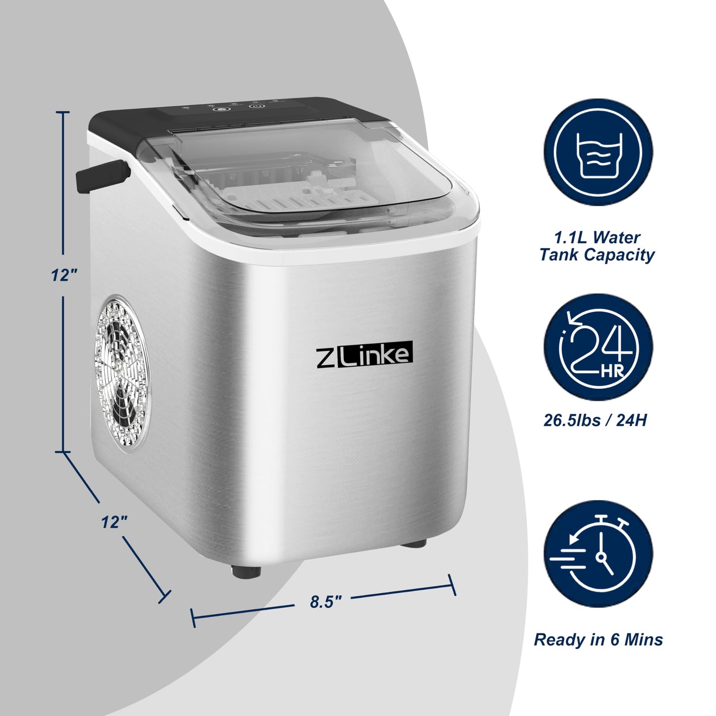 Countertop Ice Maker Machine - 6 Mins 9 Bullet Ice, 26.5lbs/24Hrs, Portable With Self-Cleaning, Scoop, and Basket (Steel)
