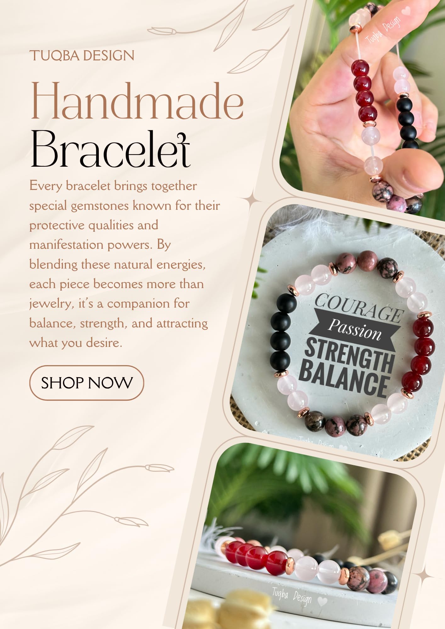 TUQBA Anxiety Relief Beaded Crystal Bracelet for Women Natural Gemstone Beaded Jewelry, Mothers Days Gifts, Christmas, Birthday gift, Onyx, Rose Quartz, Carnelian & Rhodonite