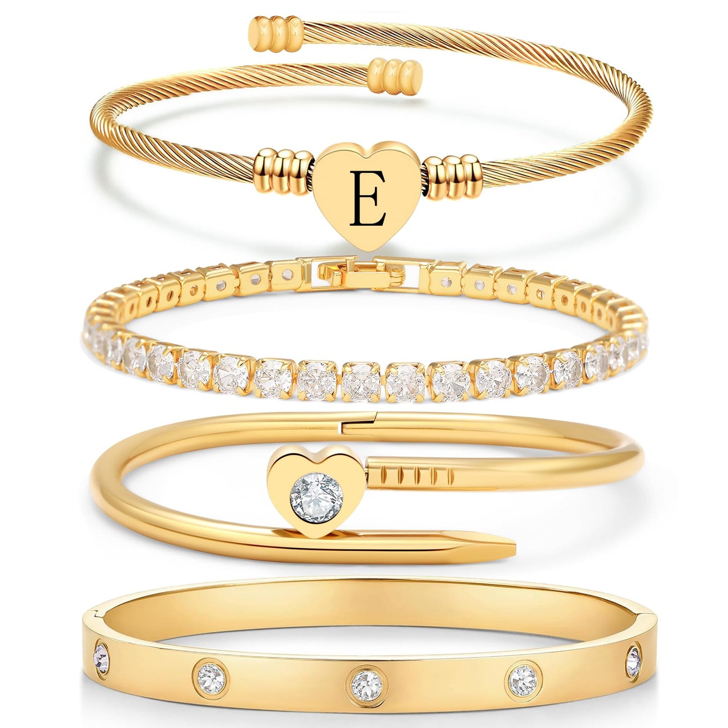 MEIERYA18K Gold Plated Nail love Bangle Bracelet Set for Women,Cubic Zirconia,Adjustable tennis bracelet Trendy Gift Jewelry for Mother's Day Anniversary (05-Style-E)