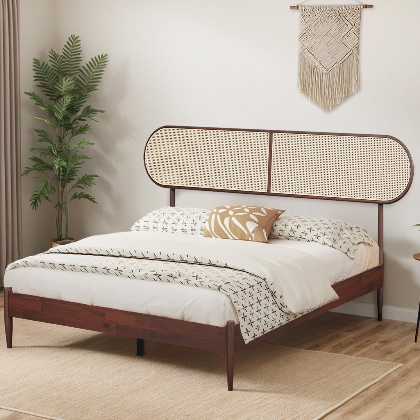 CBHME Queen Bed Frame with Rattan Headboard, Solid Wood Foundation with 12-Slat Wood Support, Bohemian and Mid Century Style, No Box Spring Needed, Dark Walnut