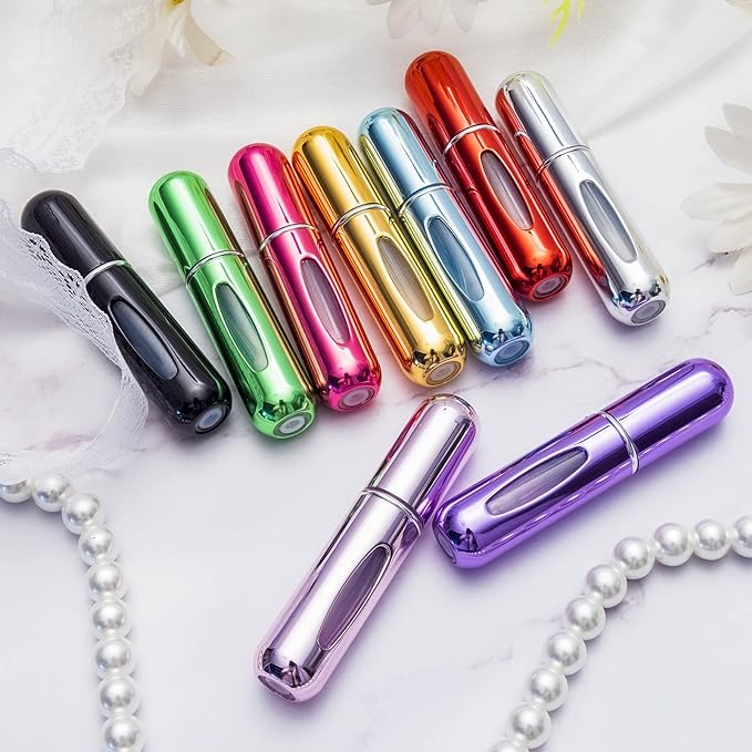 Portable Mini Perfume Atomizer Bottle, Atomizer Perfume Spray, Scent Pump Case, Refillable Travel (5ml, 5 Pack) (Purple, Gold, Green, Red, Black)