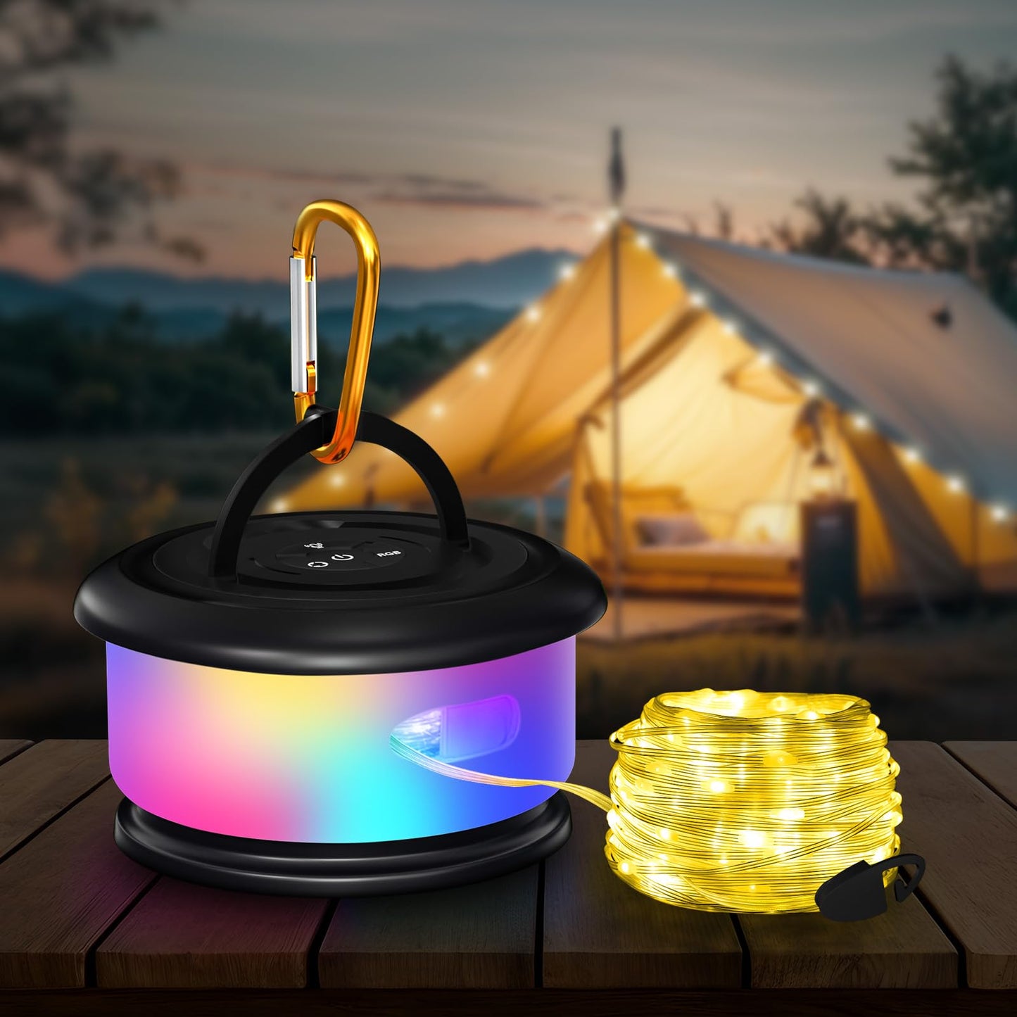 Bylitodt Camping String Lights, Retractable 32.8ft RGB Flash Lamp, Rechargeable Fairy LED Rope Lights Outdoor Waterproof, Portable Hanging Lantern for Outside Tent Patio Awning Garden RV Essentials