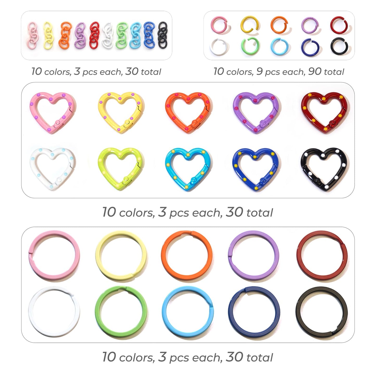 KSYN KO-KO 180PCS Heart Keychain Clasp DIY Set – Colorful Heart Clasps with Key Rings, Chains, and Jump Rings for Keychain, DIY Crafts, Bag Charms, Gifts and Party Favors – 30 Full Sets in 10 Colors