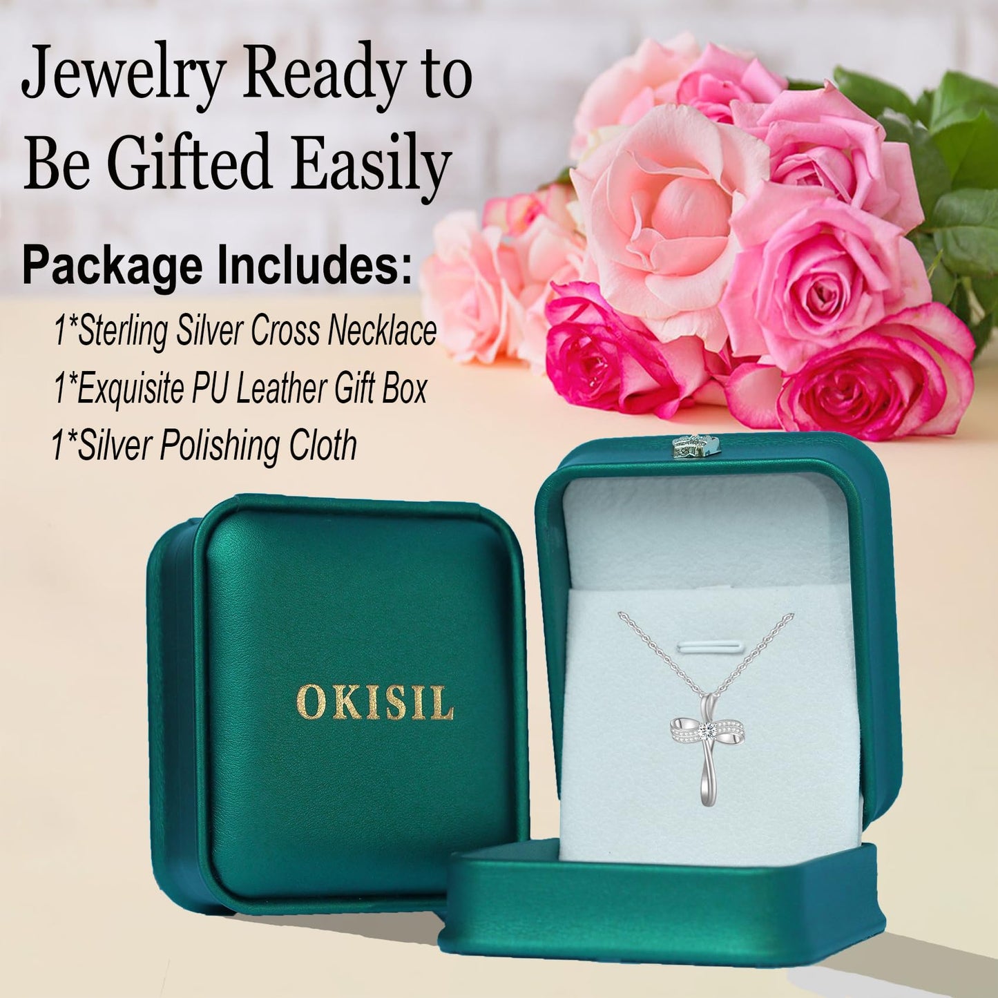 OKISIL 18K Gold Plated Cross Necklace for Women, S925 Sterling Silver Necklace for Women, Infinity Loop Pendant Jewelry with 5A Cubic Zirconia, Anniversary Birthday Christian Gifts for Women Her Wife (White gold)