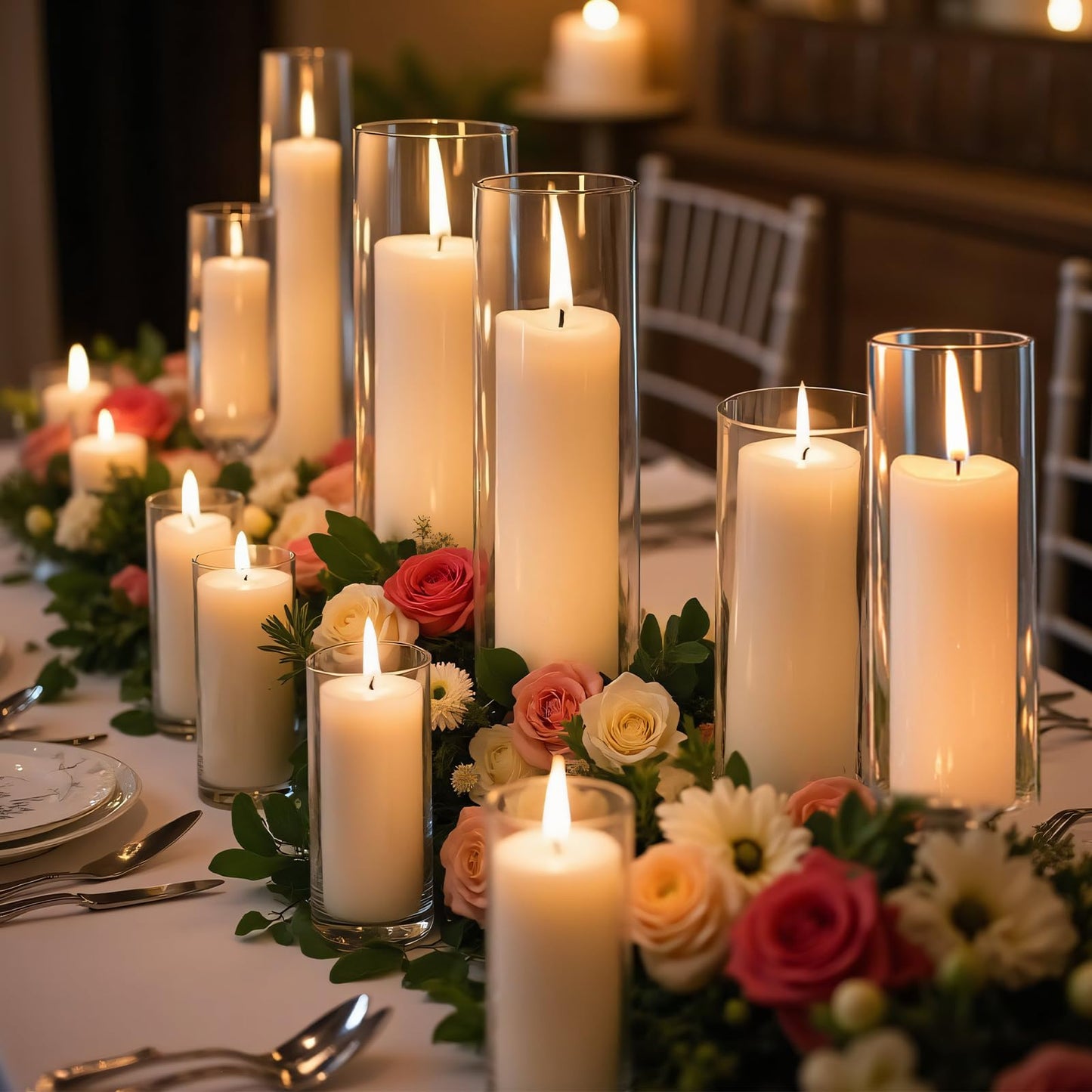 Homjoy 12 PCS White Pillar Candles with Glass Candle Holders Clear Hurricane Candle Holders Glass Cylinder Vases for Centerpieces Wedding Party, Event, Home Office (6 Candles+6 Candle Hoders)