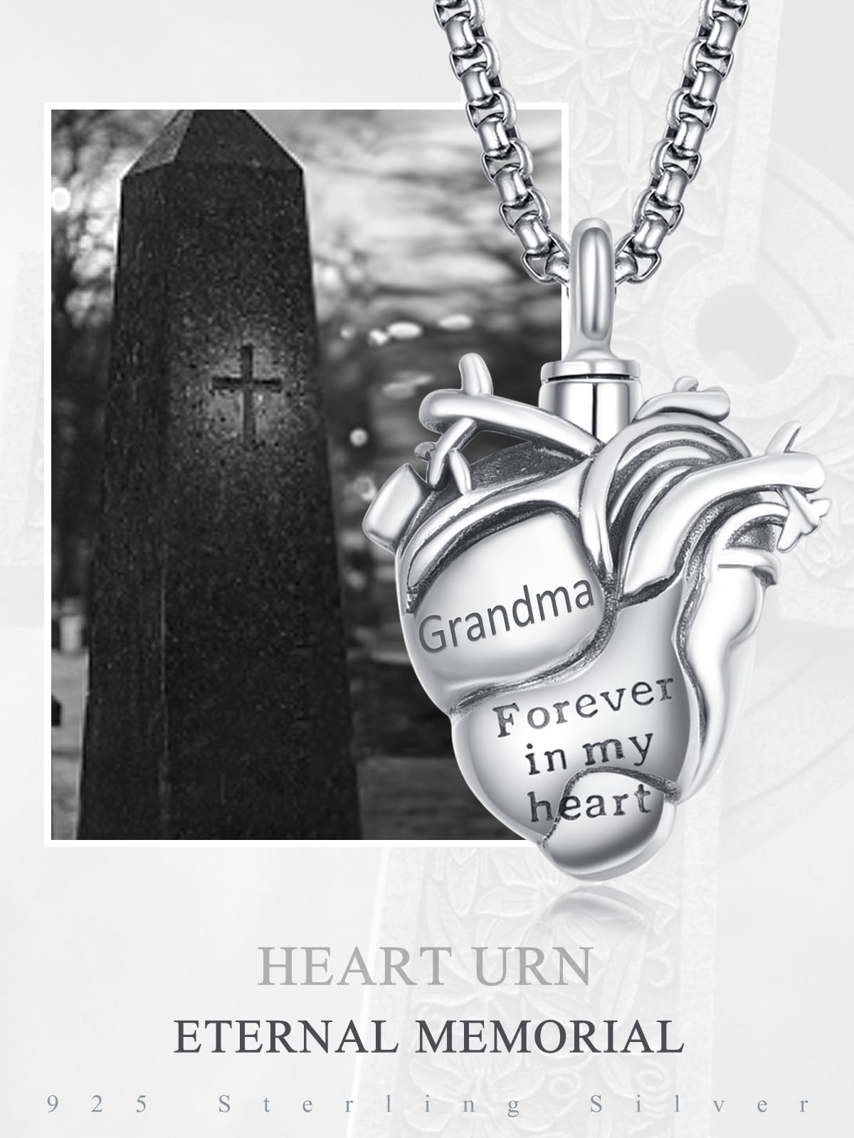 Personalized Anatomical Heart Urn Necklaces for Ashes Sterling Silver Ash Pendants Cremation Jewelry Grandma Keepsake Pendant Memorial Jewelry Gifts for Loss of Grandma
