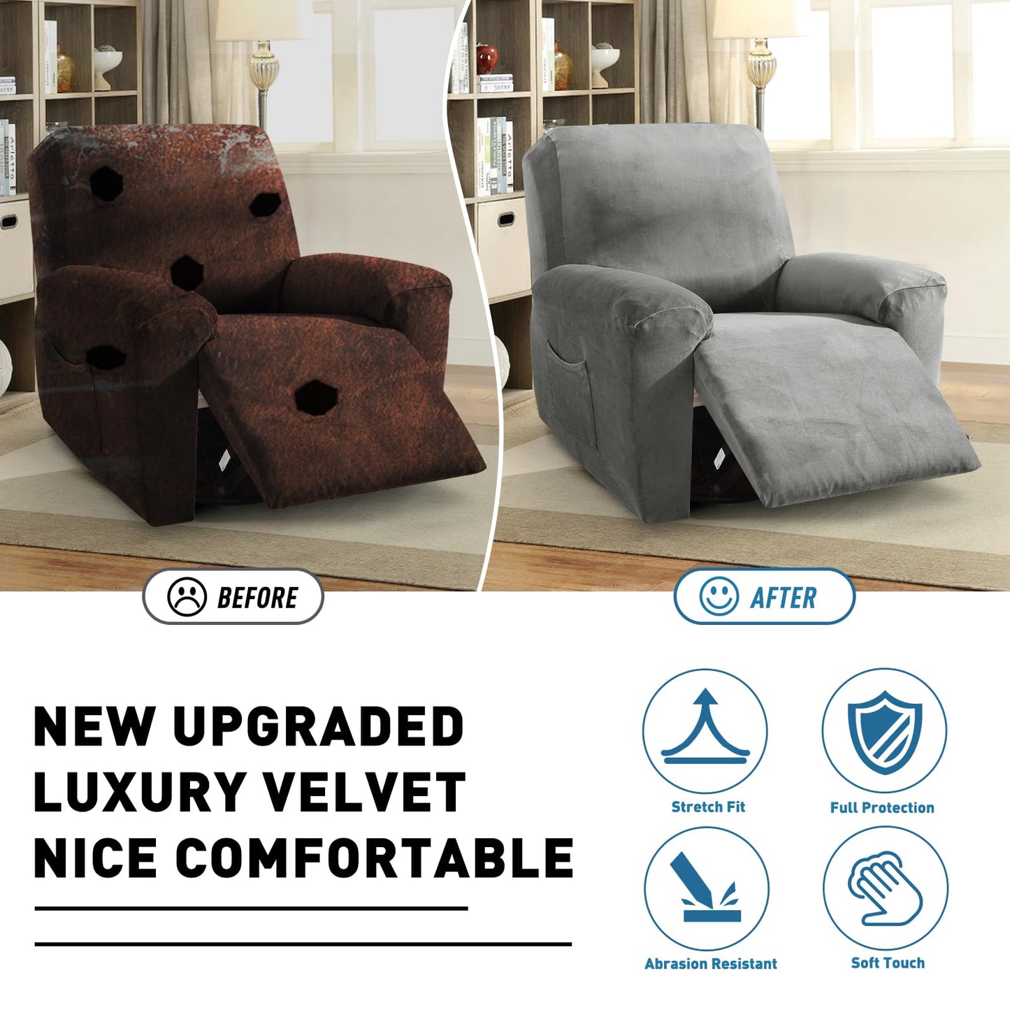 ZNSAYOTX 2025 Velvet Oversized Recliner Cover 3-Piece, Luxury Plush Recliner Chair Covers with Elastic Band & Ties Stay in Place, Stretch Reclining Slipcover for Lazy Boy Soft Washable (Grey)