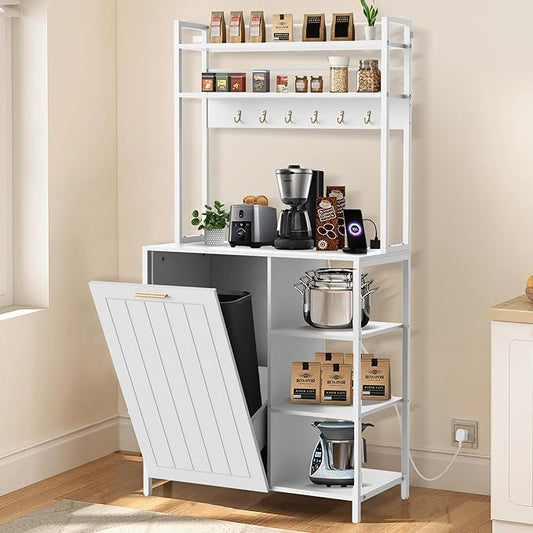 Kitchen Bakers Rack with Power Outlets, 63"H Microwave Oven Organizer with Tilt Out Trash Can Cabinet Storage Shelf 6 Tiers Coffee Bar Stand, Freestanding Pantry Hutch Rack with 6 Hooks (white)