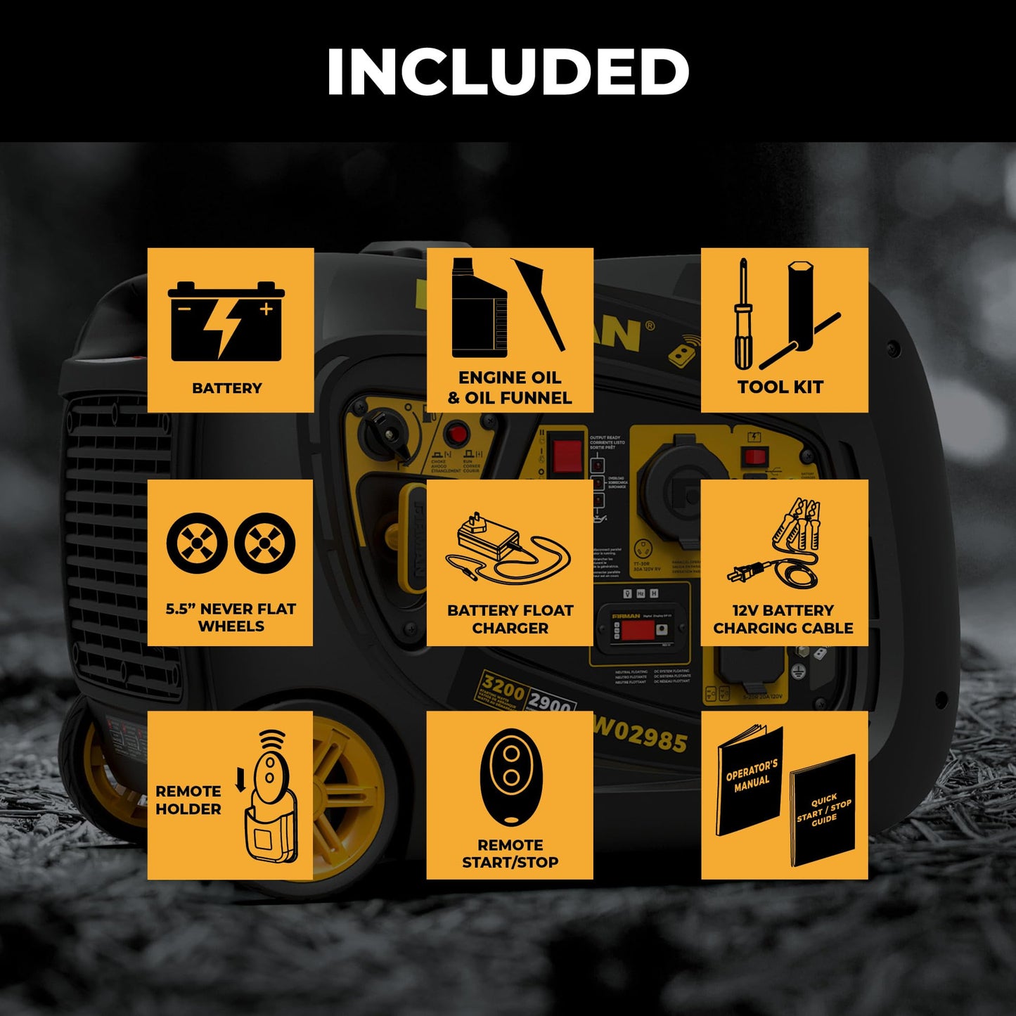 FIRMAN W02985 Inverter Portable Generator 3200W Remote Start, RV Ready Quiet Gas Power Station, Portable Outdoor Generator for Camping, Tailgating, Home Backup, Emergency Use