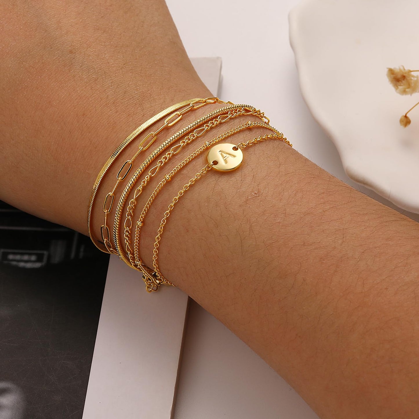 Lydow Bracelets for Women, Stack Jewelry Set Initial F Chain Stackable Letter Teen Accessories Pulseras Para Mujer 6 Inch 6PCS