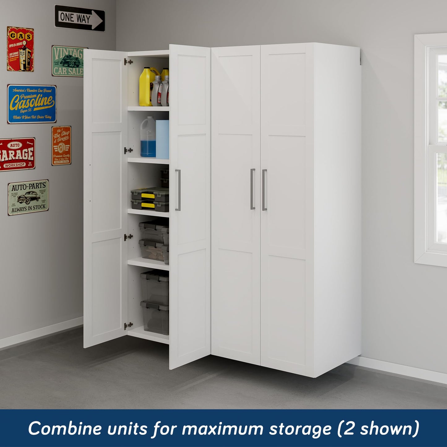 Sauder GarageCore 83" Deep Cabinet & Door Bundle, White Finish