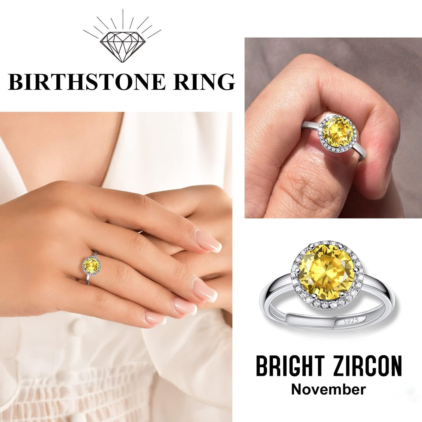 Bestyle S925 Sterling Silver Round Crytsal Rings, Dainty November Critine Crystals Birthstone Rings, Anniversary/Mother’s Day/Birthday Jewelry Gifts for Women Mom/Wife/Sister/Best Friend