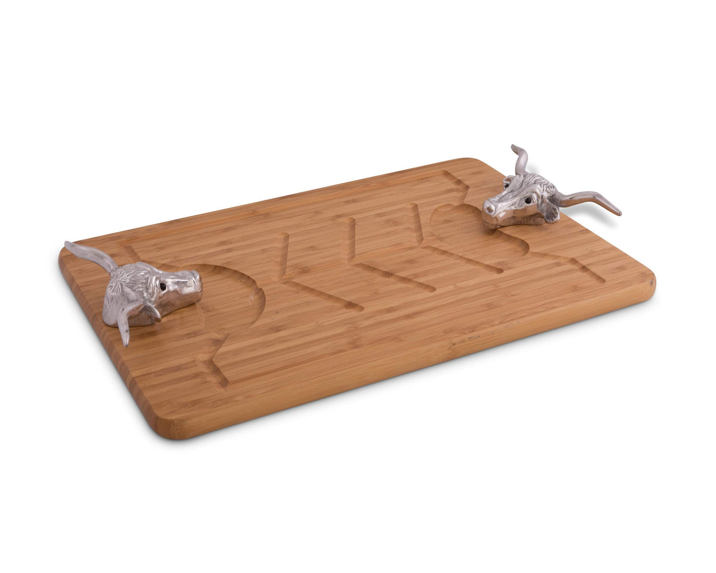 Arthur Court Designs Aluminum Longhorn Handle Bamboo Wood Carving/Cheese Board Large Tray for Serving Meats or Appetizer 20 inch x 13 inch