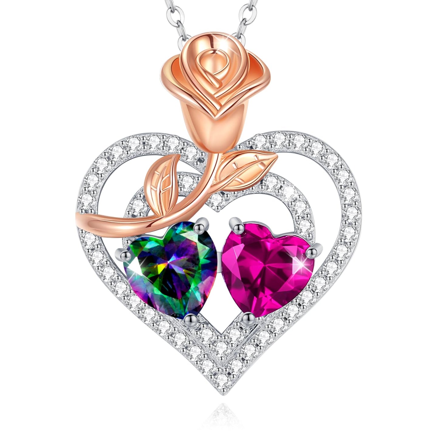 AGVANA June October Birthstone Jewelry Alexandrite Pink Tourmaline Necklace Sterling Silver Rose Flower Heart Double Birthstone Pendant Necklace Anniversary Birthday Gifts for Women Mom Wife Her