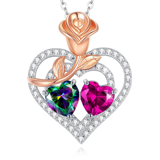 AGVANA June October Birthstone Jewelry Alexandrite Pink Tourmaline Necklace Sterling Silver Rose Flower Heart Double Birthstone Pendant Necklace Anniversary Birthday Gifts for Women Mom Wife Her