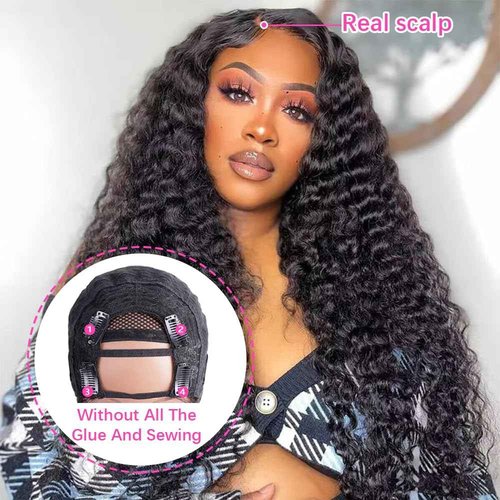 Lucasar Deep Wave U Part Human Hair Wig Curly U Part Wigs Glueless Human Hair wigs for Black Women Natural Color 180% Density 14 Inch