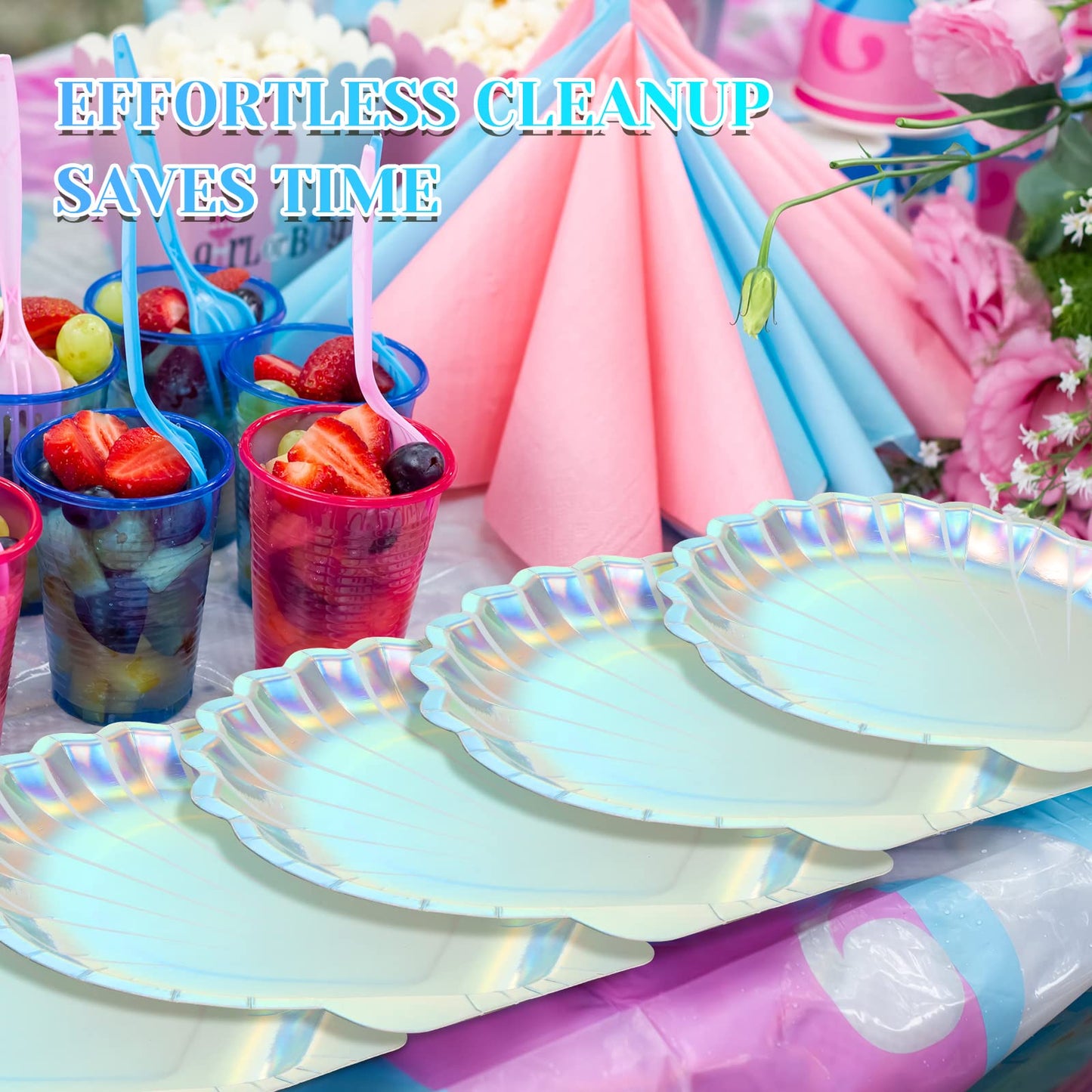 Zopeal 96 Pcs Mermaid Paper Plates Seashell Plates Party Supplies 9 Inch Disposable Iridescent Holographic for Girl Kids Birthday Party Decorations