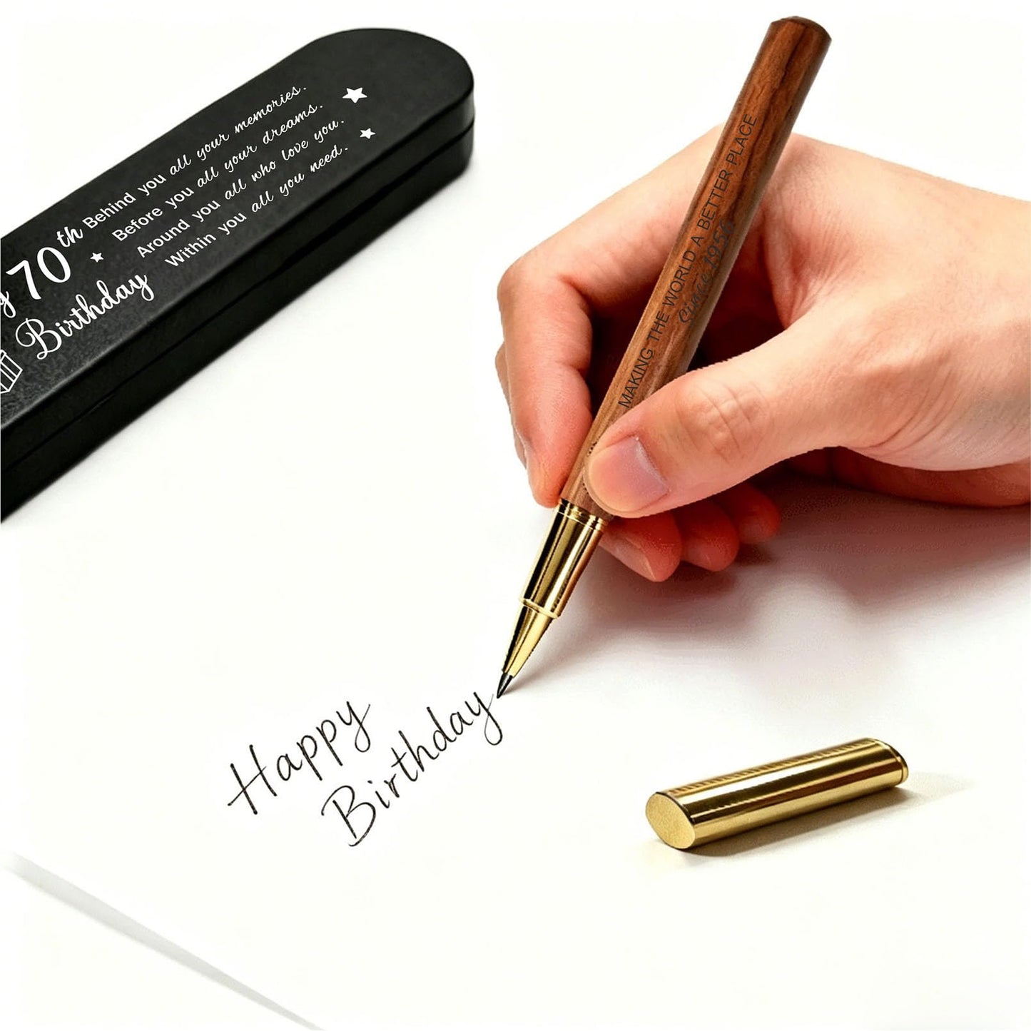 iyaone 70th Birthday Gift for 1956 Born - Engraved Wooden Gel Pen & Keepsake Box Set, Premium 70 Year Old Gift for Men & Women, Platinum Birthday Present