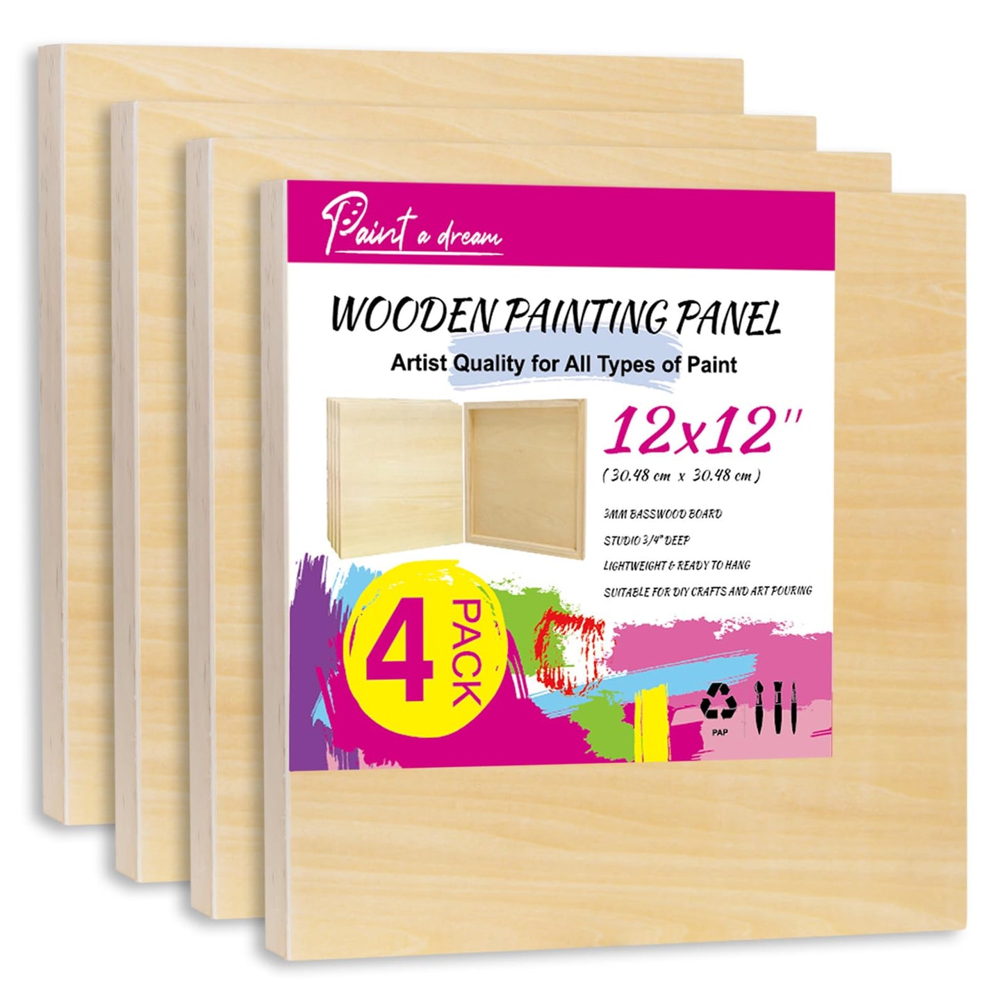 4 Pack 12x12 Basswood Wood Canvas Board – Studio 3/4'' Deep Cradled Wood Panels for Painting, Crafts, Oil & Resin Art - Sturdy Wood Painting Boards for Artists and DIY Crafters