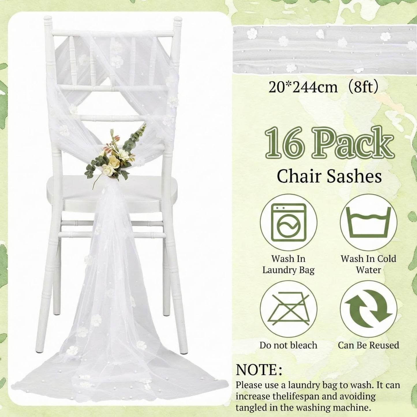 Suncalla 16 Pcs White Wedding Chair Sashes with Pearl Flowers, 96 x 8 Inch Lace Chair Back Decorations for Wedding Aisle Bridal Shower Reception Baby Shower Church Pew Decor