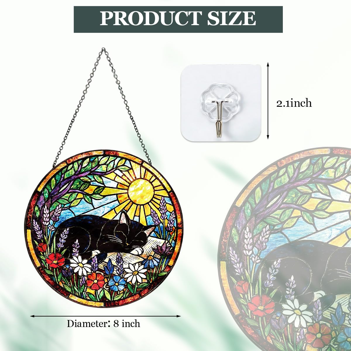 Riletese Stained Glass Window Hanging – Cat & Book Lover Gifts for Women Men, Sleeping Cat Suncatcher, Glass Ornament for Reading Room Home Garden Decor, Christmas Mother's Day Birthday Gifts, 8 Inch
